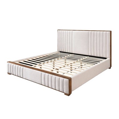 Kaleea Light Gray Chenille and Walnut Queen Bed