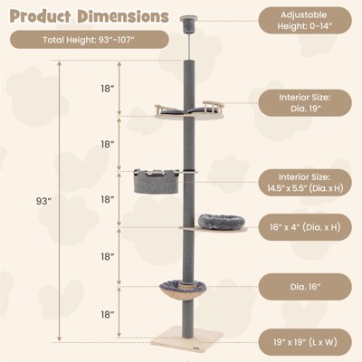 Adjustable Height Grey and Natural 5-Tier Floor-to-Ceiling Cat Tree