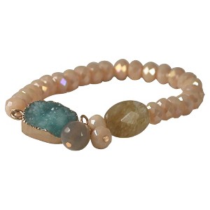 Zirconite Semi-Precious Roundel Beads Stretch Bracelet with Genuine Druzy Stone - Peach, Women