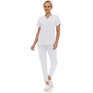Saint Scrubs Womens 9-Pocket Medical Uniform Set- V-Neck Stretch Top with Tapered Straight Leg Pants - 1 of 4