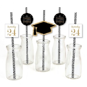 Big Dot of Happiness Gold 2024 Graduation Paper Straw Decor - Party Striped Decorative Straws - Set of 24 - 1 of 4