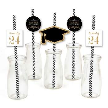 Big Dot of Happiness Gold 2024 Graduation Paper Straw Decor - Party Striped Decorative Straws - Set of 24