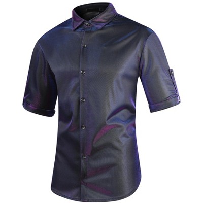 INSPIRE CHIC Men's Metallic Holographic Roll-up Sleeves Button Down Shiny Disco Party Shirts