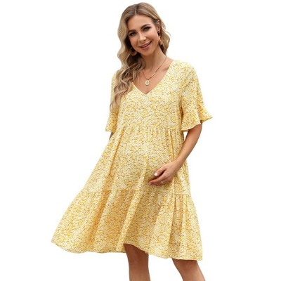 Whizmax Maternity Dress Womens Casual Babydoll Dress Ruffle Short Sleeve V Neck Floral Printed Flowy Mini Short Tunic Dress
