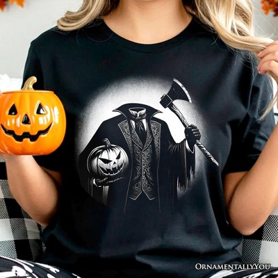 Headless Horseman Spooky Portrait T-Shirt, Horror Villain Theme Halloween Tee Black M