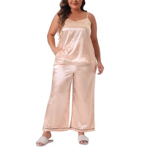 Agnes Orinda Women's Satin Plus Size Cami Top and Pants with Pockets 2 Piece Pajama Sets - 1 of 4