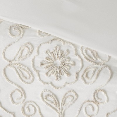 Ivory Full Tufted Cotton Chenille Coverlet Set with Graphic Detail