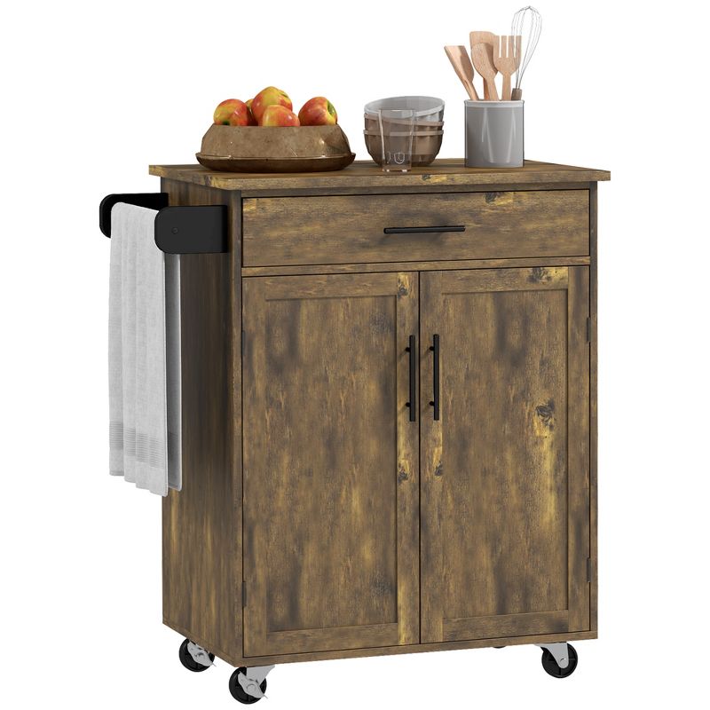 HOMCOM Kitchen Island Cart Rolling Trolley Cart with Drawer, Storage Cabinet & Towel Rack, 1 of 7