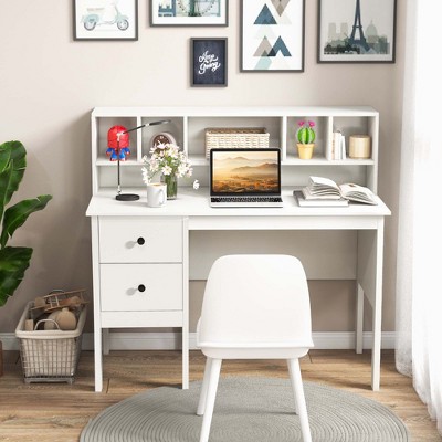 Costway Computer Desk 48" Writing Table w/ Power Outlets 5-Cubby Hutch 2 Storage Drawers White
