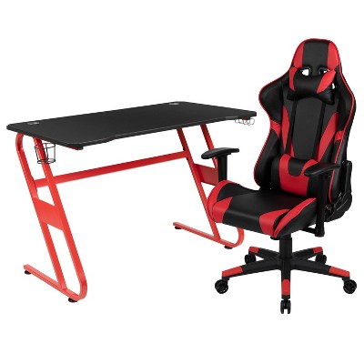 BlackArc 2pc Bravo Gaming Desk and Chair Set Red: 1 Year Warranty, Plastic Frame, Laminate Surface, Open Shelf Storage