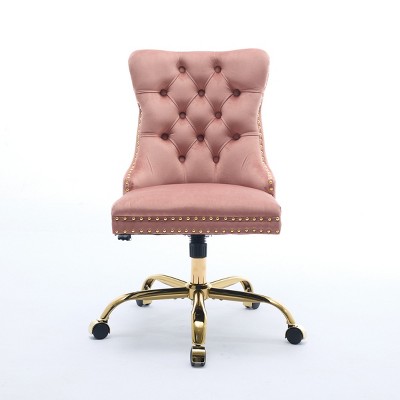 GlasFlength Task and Office Chairs Modern Velvet Swivel Chair with Gold Base and Tufted Back for Home Office, Pink, 24.8"*19.4"*38.6"