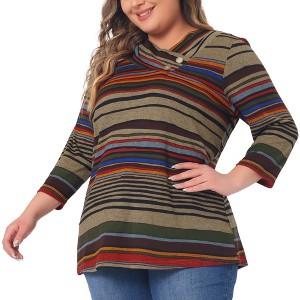 Agnes Orinda Women's Plus Size Comfy Knit 3/4 Sleeve V Neck Stripe Boho Casual Blouse - 1 of 4