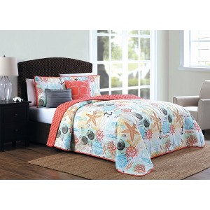 Geneva Home Fashion Queen 5pc Heritage Bay Belize Coastal Quilt & Sham Set Coral: Includes Decorative Pillows, Microfiber - 1 of 4