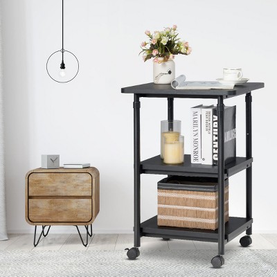 Black Adjustable 3-Tier Steel and Wood Rolling Printer Cart