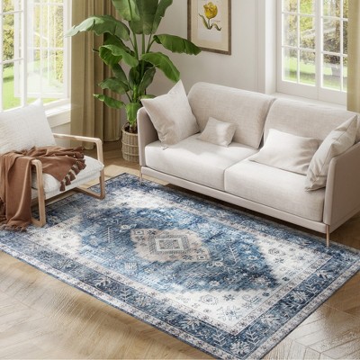 HOMCOM 4x6 Area Rug, Vintage Machine Washable Rug, Non-Slip Floor Carpet for Living Room, Bedroom, Dining Room, Home Office, Blue