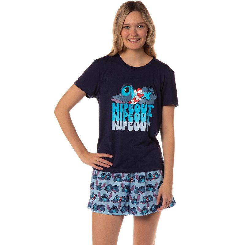 Disney Womens' Lilo & Stitch Wipeout Short Sleeve and Short Sleep Pajama Set Blue, 1 of 6