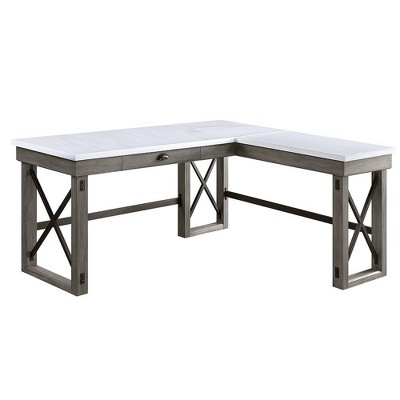 67" Weathered Gray Marble Top Corner Writing Desk with Drawer
