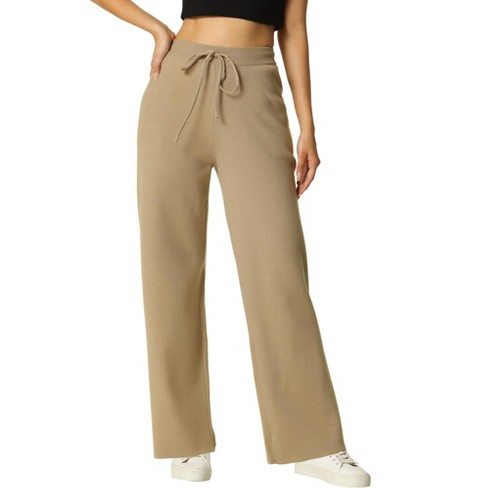 Seta T Women's Casual Ribbed Knit Elastic High Waist Tie Front Wide Leg  Pants Khaki Large : Target