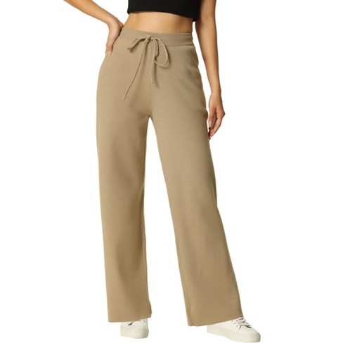 Seta T Women's Casual Ribbed Knit Elastic High Waist Tie Front Wide Leg  Pants Khaki Large