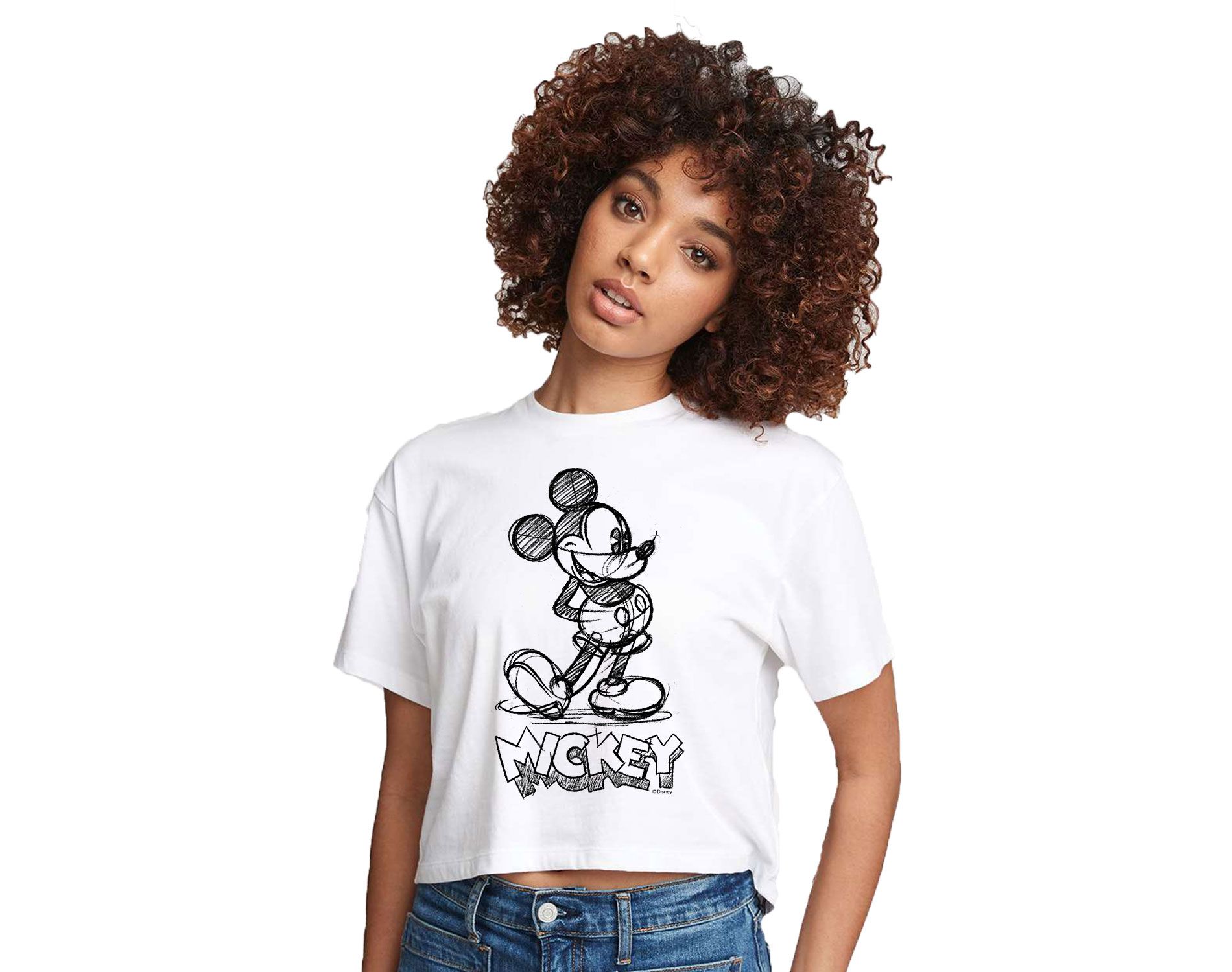 Women's Disney Mickey Sketch Cropped Graphic T-Shirt - White - Large