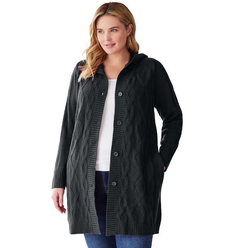 Woman Within Women's Plus Size Hooded Cable Cardigan, 1 of 2