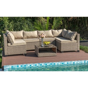 TIRAMISUBEST 7-Piece Patio Furniture Set,Outdoor Wicker Conversation Set Sectional Sofa with Waterproof Cushions & Coffee Table - 1 of 4