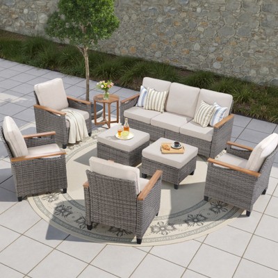 Buenhomino 8-Piece Outdoor Patio Set – 4 Single Chairs, 2 Ottomans, Sofa & Side Table, All-Weather Wicker with Cushions, Beige