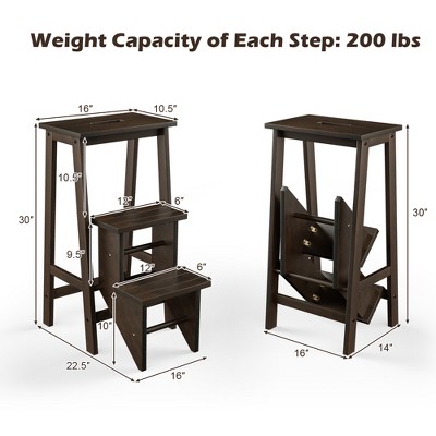 Brown Rubber Wood Foldable 3-Tier Step Stool and Storage Shelf