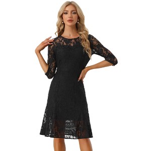 Allegra K Women's Elegant 3/4 Sleeves Ruffles Bodycon Fishtail Lace Midi Dress - 1 of 4