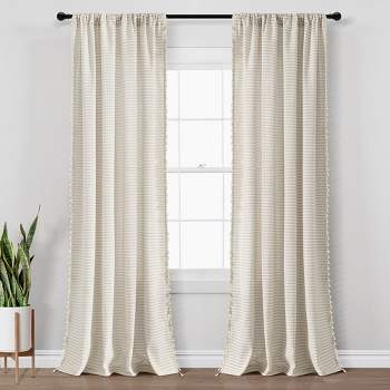 Boho Coastal Horizontal Ticking Stripe Tassel Window Curtain Panels Neutral 52X84 Set