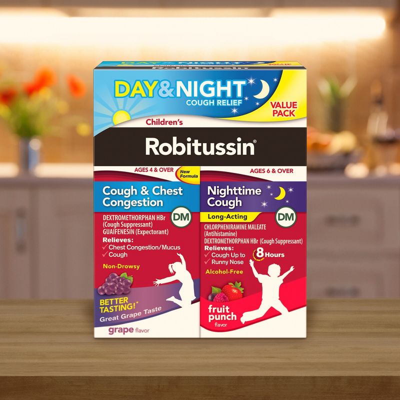 Children's Robitussin Day/Night Cough & Chest Congestion DM - Dextromethorphan - Grape & Fruit Punch Flavors - 4 fl oz/2pk, 3 of 9