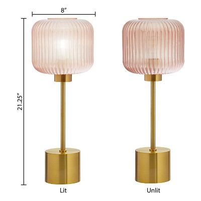 21.25" Brushed Gold Metal Table Lamp with Pink Glass Shade