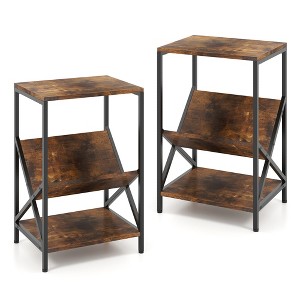 Tangkula 2 PCS Industrial Side Table 3-Tier End Table w/ V-Shaped Magazine Holder Rustic Brown - 1 of 4