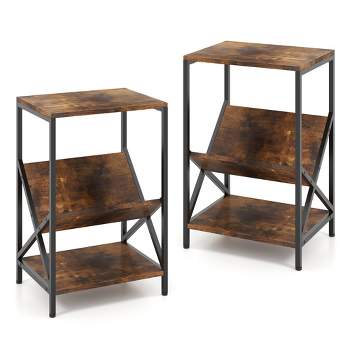 Tangkula 2 PCS Industrial Side Table 3-Tier End Table w/ V-Shaped Magazine Holder Rustic Brown