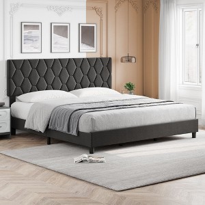 coucheta Platform Bed Frame with Upholstered Headboard and Wooden Slats Support, Upholstered Mattress Foundation - 1 of 4