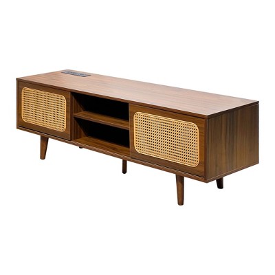 Dexmalle Mid Century Modern Rattan TV Stand with Solid Wood Feet & Rattan Cabinet Doors
