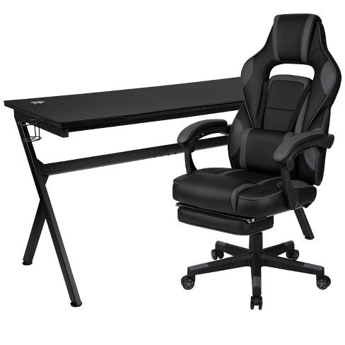 Emma + Oliver Gaming Bundle-Cup/Headphone Desk & Blue Reclining Footrest  Chair