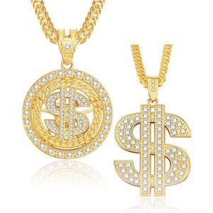 2PCS Dollar Sign Chain Necklace - Fake Gold Hip Hop Jewelry, 70s/90s Rapper Halloween Costume for Men - 1 of 4
