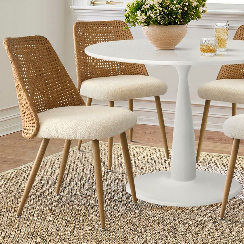 Small Round 5 Piece Dining Set,35" Round Pedestal Dining Table with 4 Rattan Boucle Dining Chairs Double Layer Rattan Back with Oak Legs-Maison Boucle, 3 of 8
