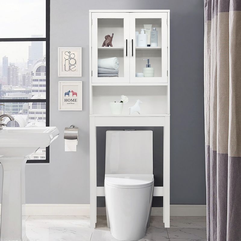 Costway Over the Toilet Storage Cabinet Bathroom Space Saver w/Tempered Glass Door White, 3 of 11
