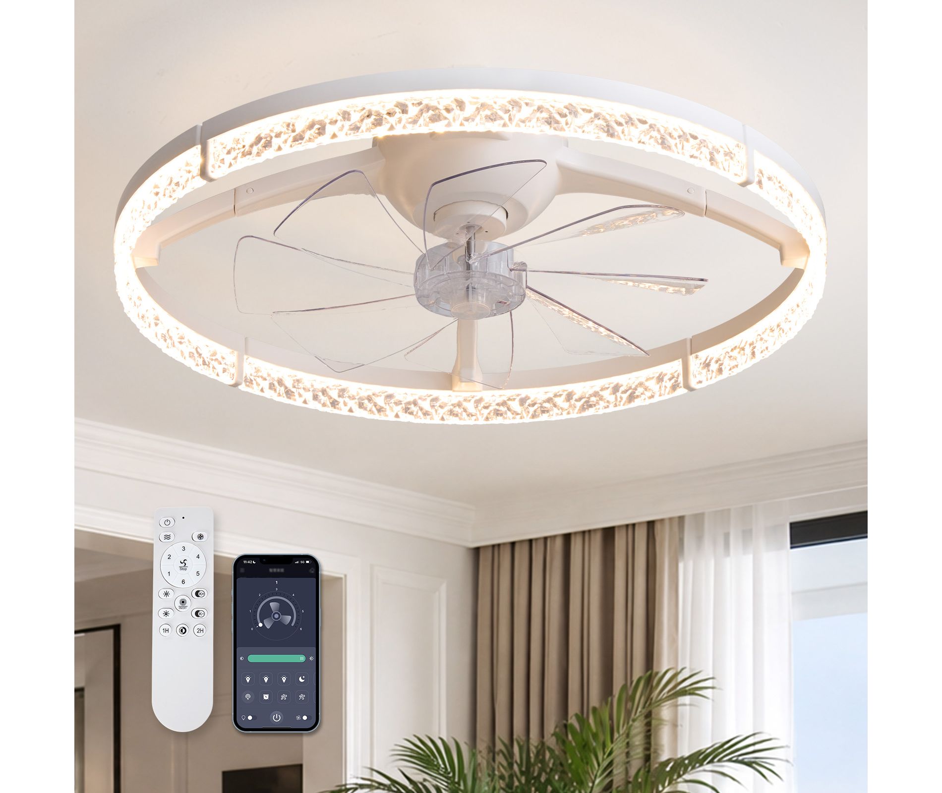Siljoy 24-Inch Ceiling Fan with Light, Low Profile Flush Mount, Dimmable LED, Quiet DC Reversible Motor, 6-Speed Remote Control for Bedroom Indoor