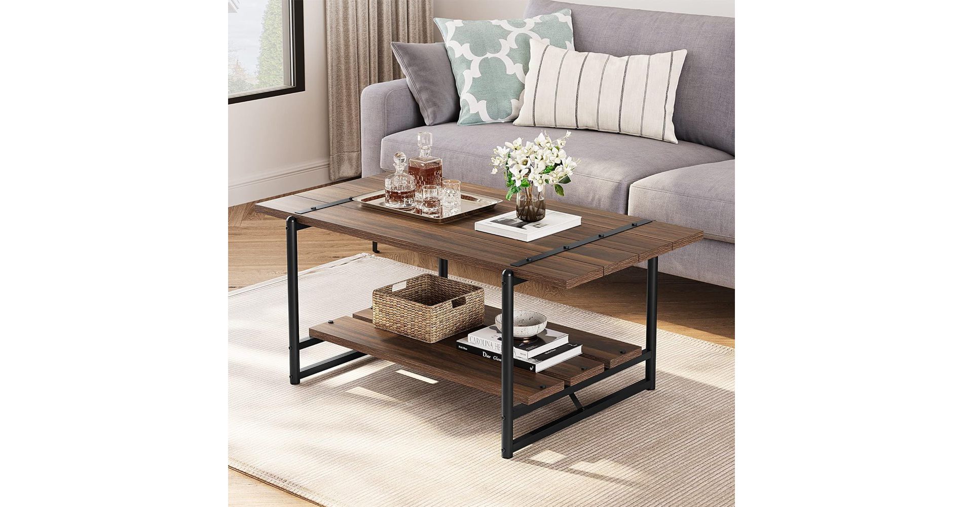 2-Tier Farmhouse 41'' Large Wood Coffee Table with Shelf -Modern Rustic Metal Rectangle Center Living Room