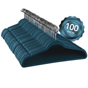 100 Piece Set of Velvet Slim Profile Heavy Duty Felt Hangers with Stainless Steel Swivel Hooks in Blue - 1 of 4