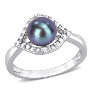 EVERLY JEWELRY | Sterling Silver 7-7.5 mm Black Cultured Freshwater Pearl and White Topaz Halo Ring - 1 of 4