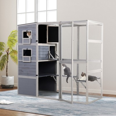 FURNIinspire Pet Crates and Houses Large Outdoor Cat Catio, 4 Tier Platforms and Asphalt Roof, Lockable Door Windows, Grey, 76.18"*33.46"*70.08"