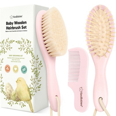 Image of Baby Hair Brush and Comb Set, Oval Wooden Baby Brush Set for Newborns, Infant, Toddler Grooming Kit (Oval, Blush)