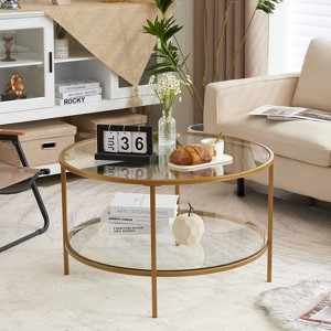 VINGLI Glass Coffee Table, 30" Round Coffee Tables with 2-Tier, for Living Room,Black - 1 of 4