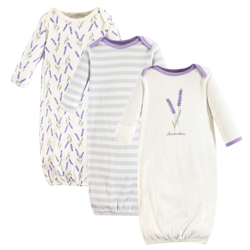 Touched by Nature Baby Girl Organic Cotton Long-Sleeve Gowns 3pk, Lavender, 0-6 Months, 1 of 3