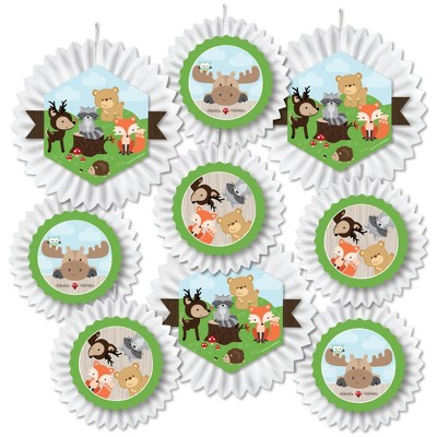 Big Dot of Happiness Woodland Creatures - Hanging Baby Shower or Birthday Party Tissue Decoration Kit - Paper Fans - Set of 9