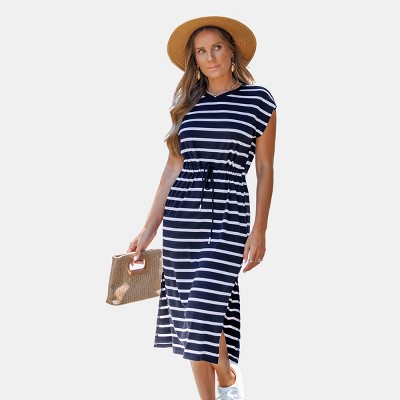 Women's Striped Midi Dress with Side Slit - Cupshe-XL-Blue
